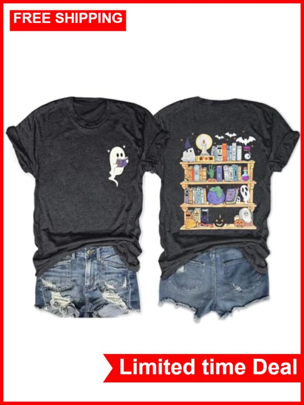 Halloween Teacher Ghost Reading Book T-Shirt Women Crew Neck Short Sleeve